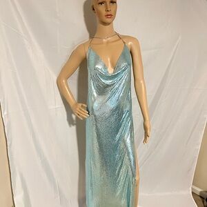 Elegant Chain Link Shimmering Light Blue Halter Maxi Dress